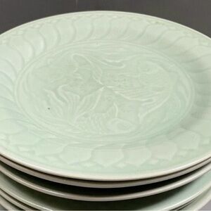 Lillian Vernon Celadon Fish Koi Dessert Salad Plates Light Jade Green Set of 2